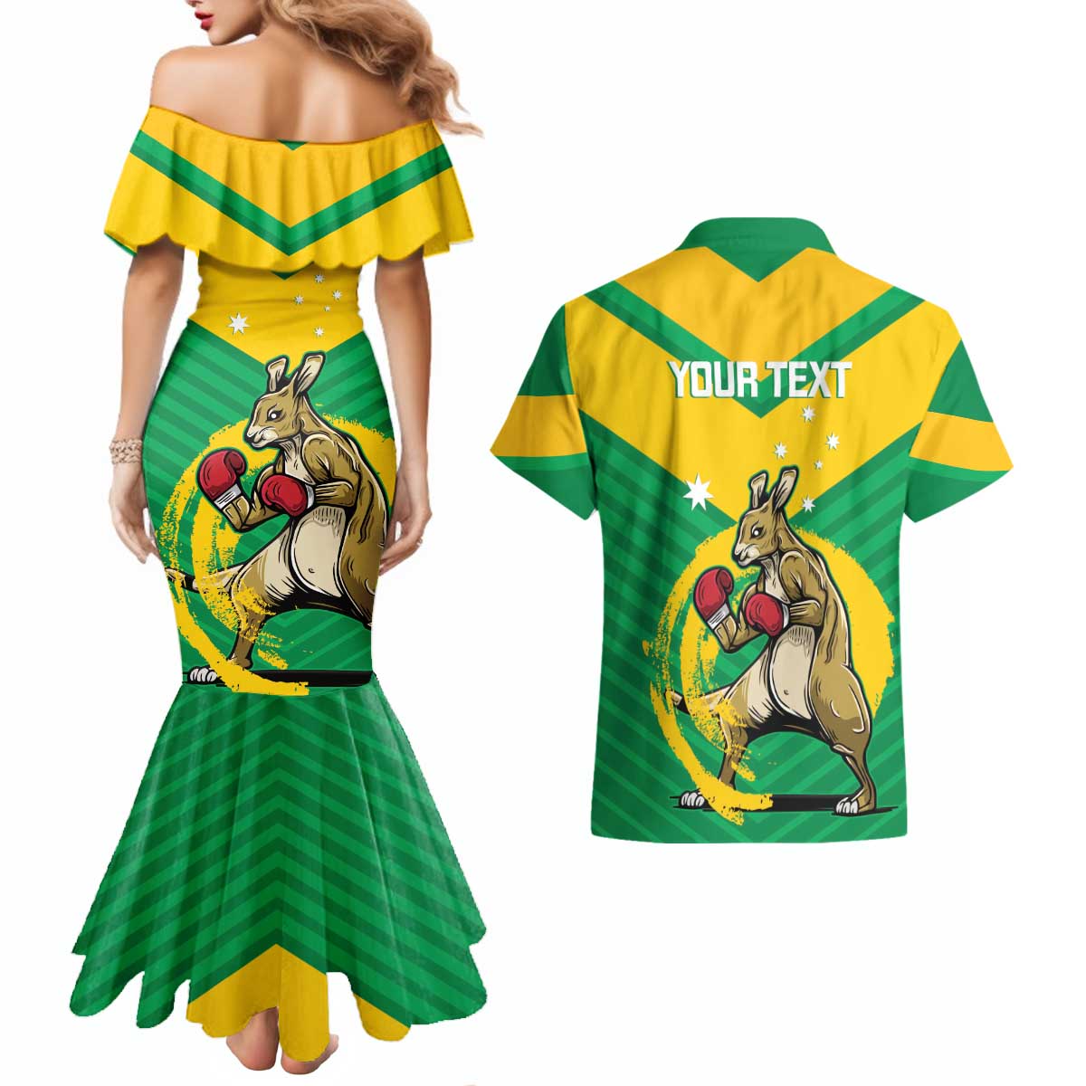 Personalised Australia Boxing Kangaroo Couples Matching Mermaid Dress and Hawaiian Shirt Aussie Pride National Color