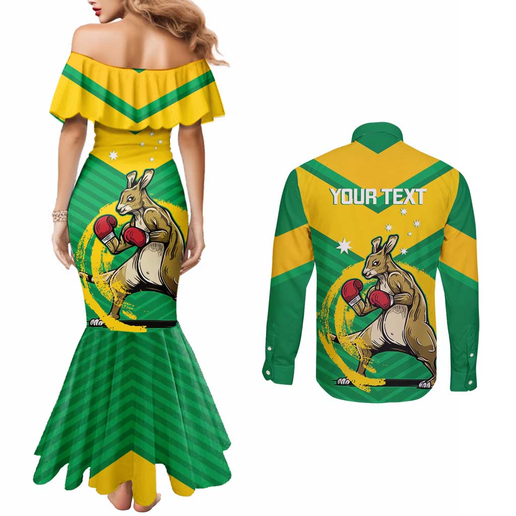 Personalised Australia Boxing Kangaroo Couples Matching Mermaid Dress and Long Sleeve Button Shirt Aussie Pride National Color