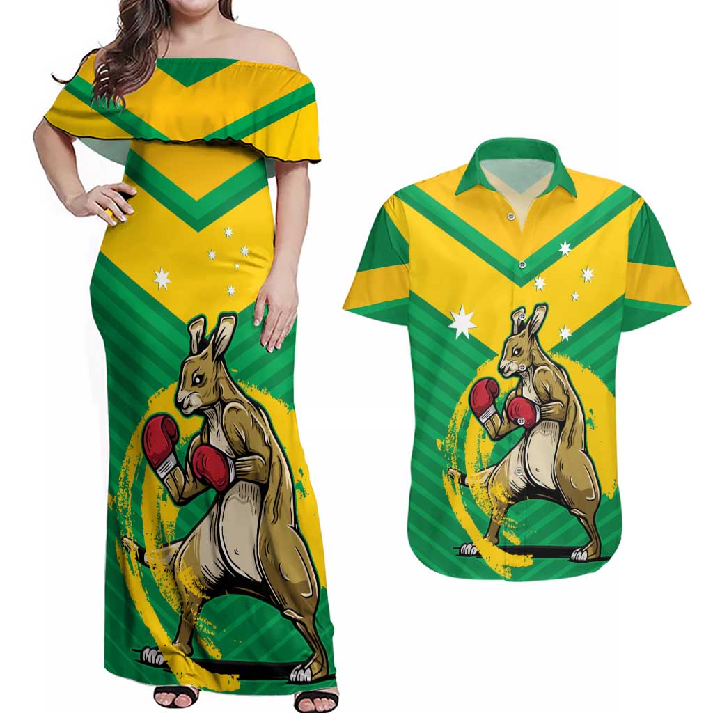 Personalised Australia Boxing Kangaroo Couples Matching Off Shoulder Maxi Dress and Hawaiian Shirt Aussie Pride National Color