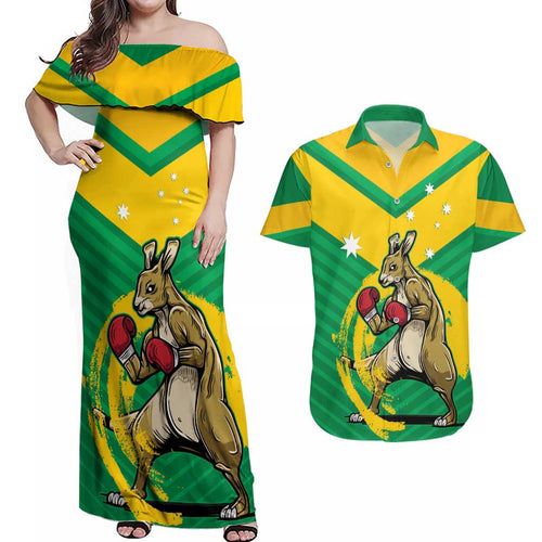 Personalised Australia Boxing Kangaroo Couples Matching Off Shoulder Maxi Dress and Hawaiian Shirt Aussie Pride National Color