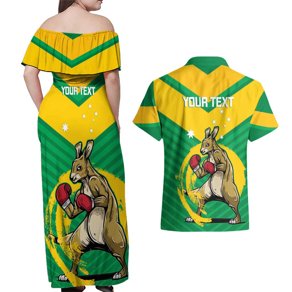 Personalised Australia Boxing Kangaroo Couples Matching Off Shoulder Maxi Dress and Hawaiian Shirt Aussie Pride National Color