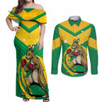 Personalised Australia Boxing Kangaroo Couples Matching Off Shoulder Maxi Dress and Long Sleeve Button Shirt Aussie Pride National Color