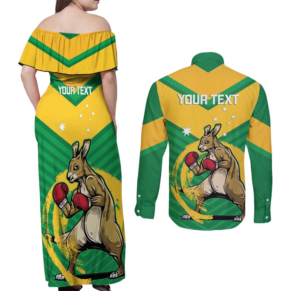 Personalised Australia Boxing Kangaroo Couples Matching Off Shoulder Maxi Dress and Long Sleeve Button Shirt Aussie Pride National Color