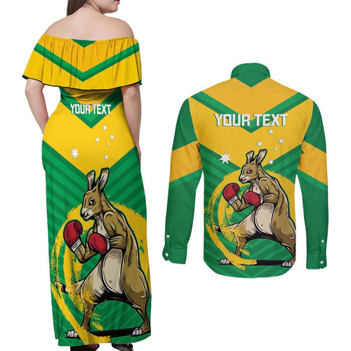 Personalised Australia Boxing Kangaroo Couples Matching Off Shoulder Maxi Dress and Long Sleeve Button Shirt Aussie Pride National Color