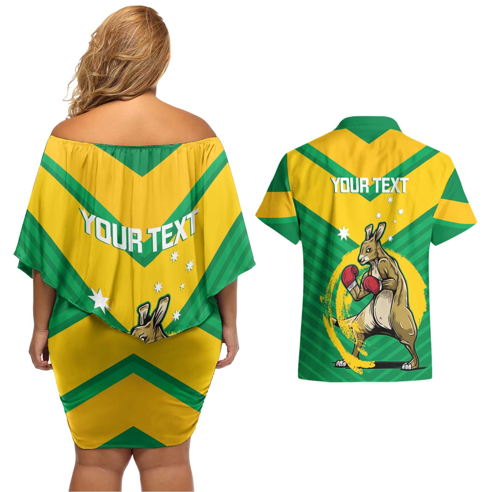 Personalised Australia Boxing Kangaroo Couples Matching Off Shoulder Short Dress and Hawaiian Shirt Aussie Pride National Color