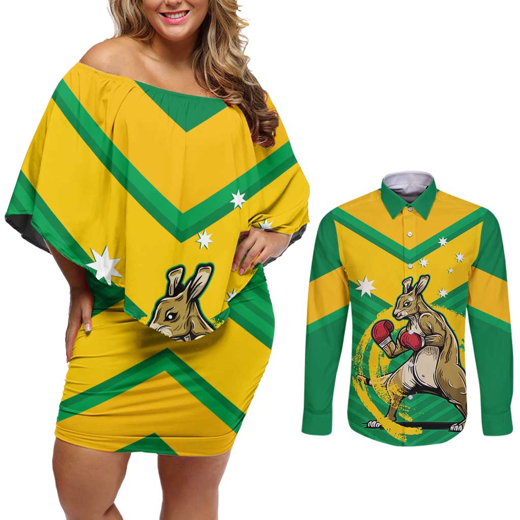 Personalised Australia Boxing Kangaroo Couples Matching Off Shoulder Short Dress and Long Sleeve Button Shirt Aussie Pride National Color