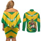 Personalised Australia Boxing Kangaroo Couples Matching Off Shoulder Short Dress and Long Sleeve Button Shirt Aussie Pride National Color