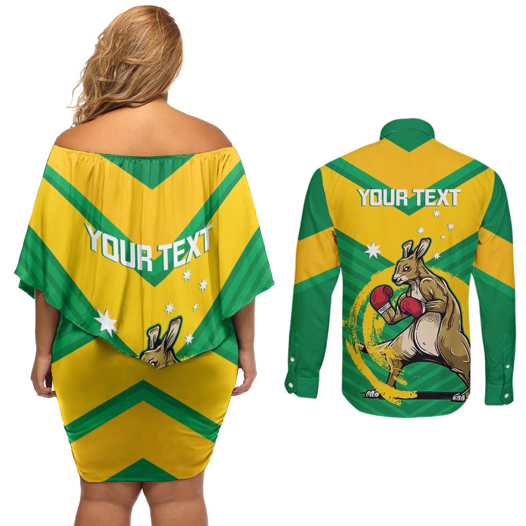 Personalised Australia Boxing Kangaroo Couples Matching Off Shoulder Short Dress and Long Sleeve Button Shirt Aussie Pride National Color