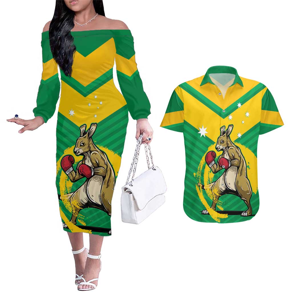 Personalised Australia Boxing Kangaroo Couples Matching Off The Shoulder Long Sleeve Dress and Hawaiian Shirt Aussie Pride National Color