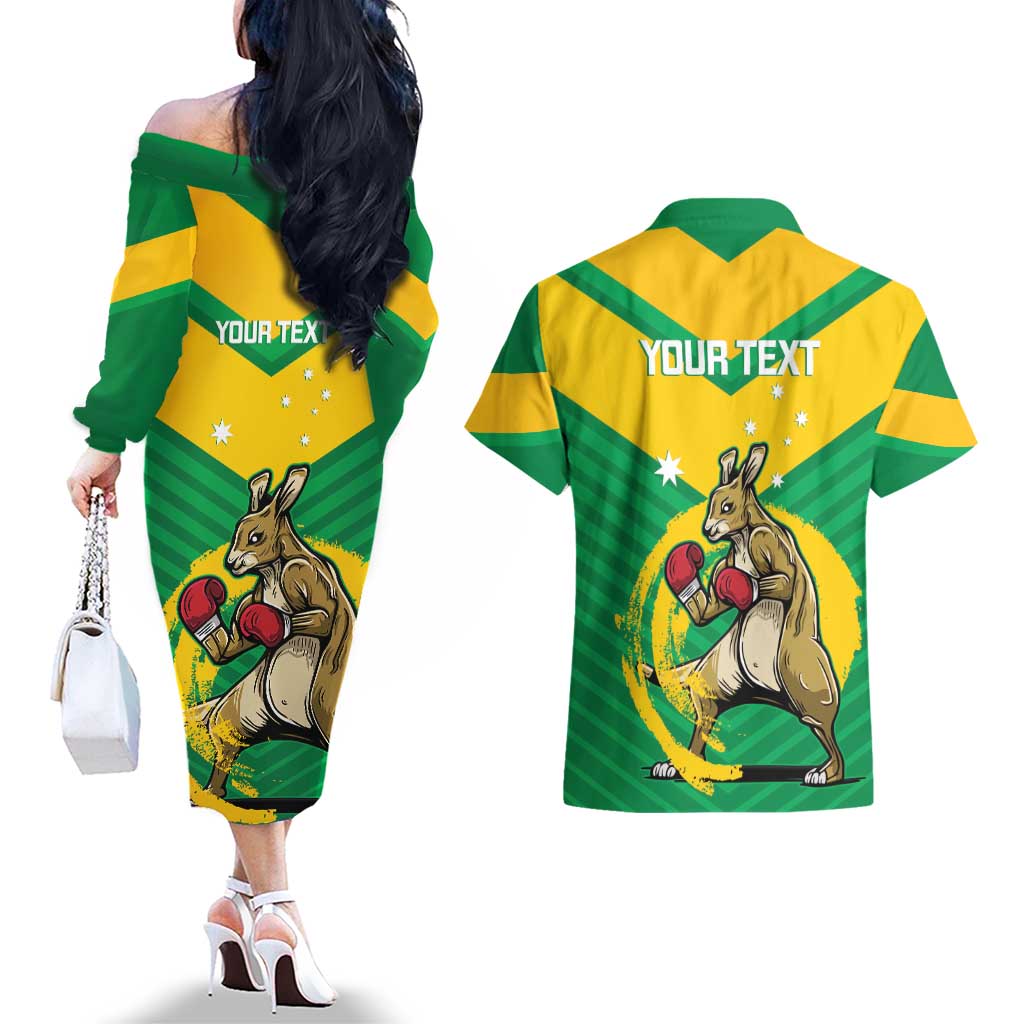 Personalised Australia Boxing Kangaroo Couples Matching Off The Shoulder Long Sleeve Dress and Hawaiian Shirt Aussie Pride National Color
