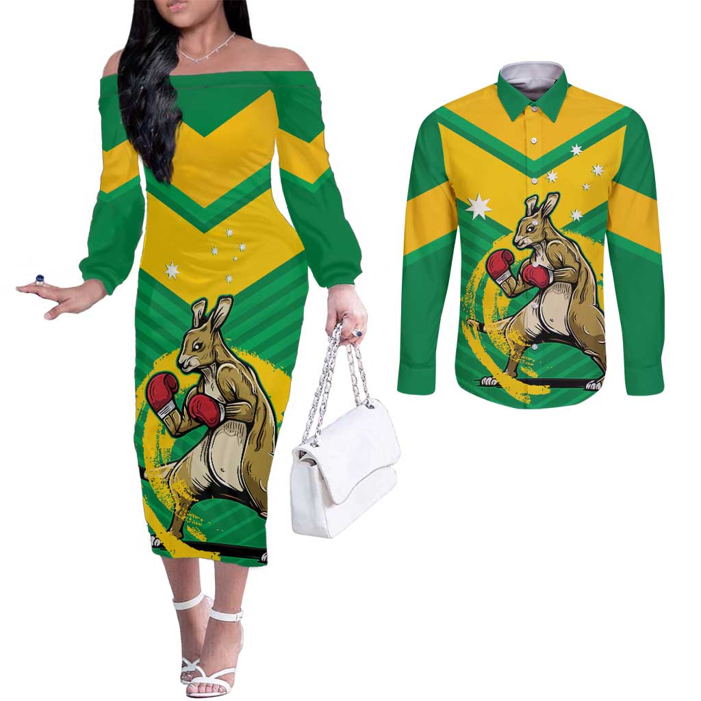 Personalised Australia Boxing Kangaroo Couples Matching Off The Shoulder Long Sleeve Dress and Long Sleeve Button Shirt Aussie Pride National Color