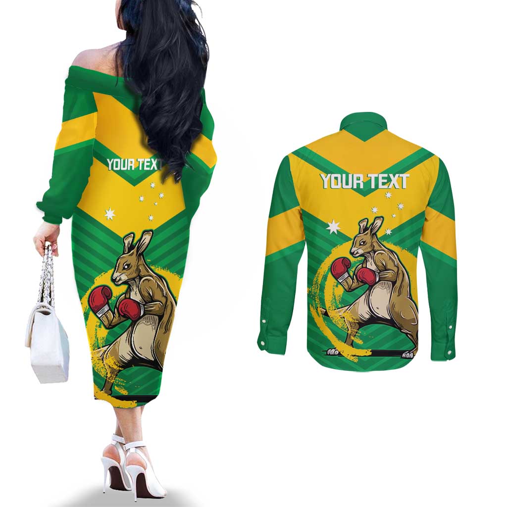 Personalised Australia Boxing Kangaroo Couples Matching Off The Shoulder Long Sleeve Dress and Long Sleeve Button Shirt Aussie Pride National Color