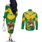 Personalised Australia Boxing Kangaroo Couples Matching Off The Shoulder Long Sleeve Dress and Long Sleeve Button Shirt Aussie Pride National Color