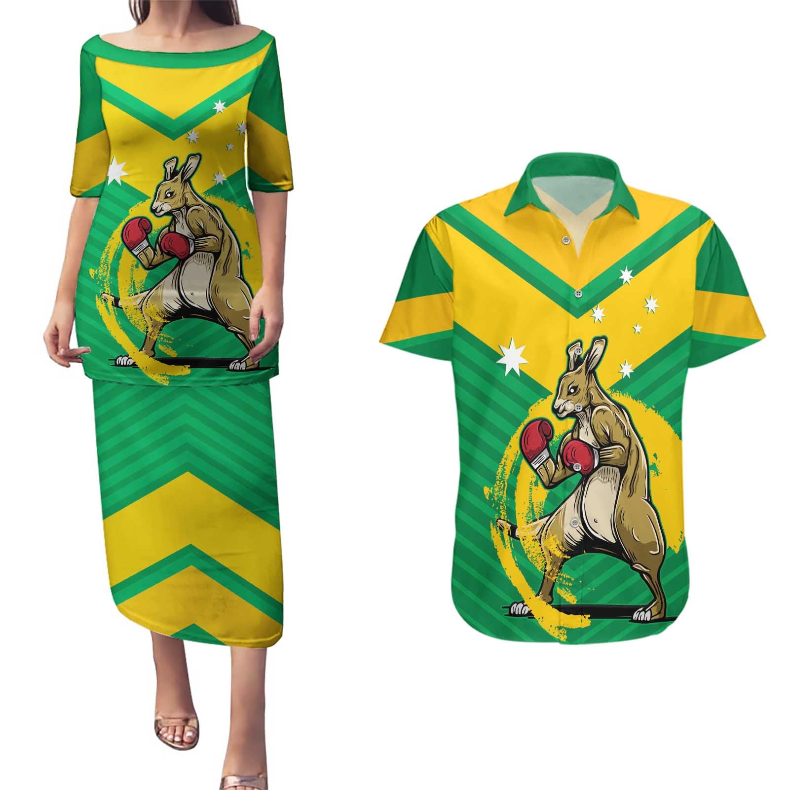 Personalised Australia Boxing Kangaroo Couples Matching Puletasi and Hawaiian Shirt Aussie Pride National Color