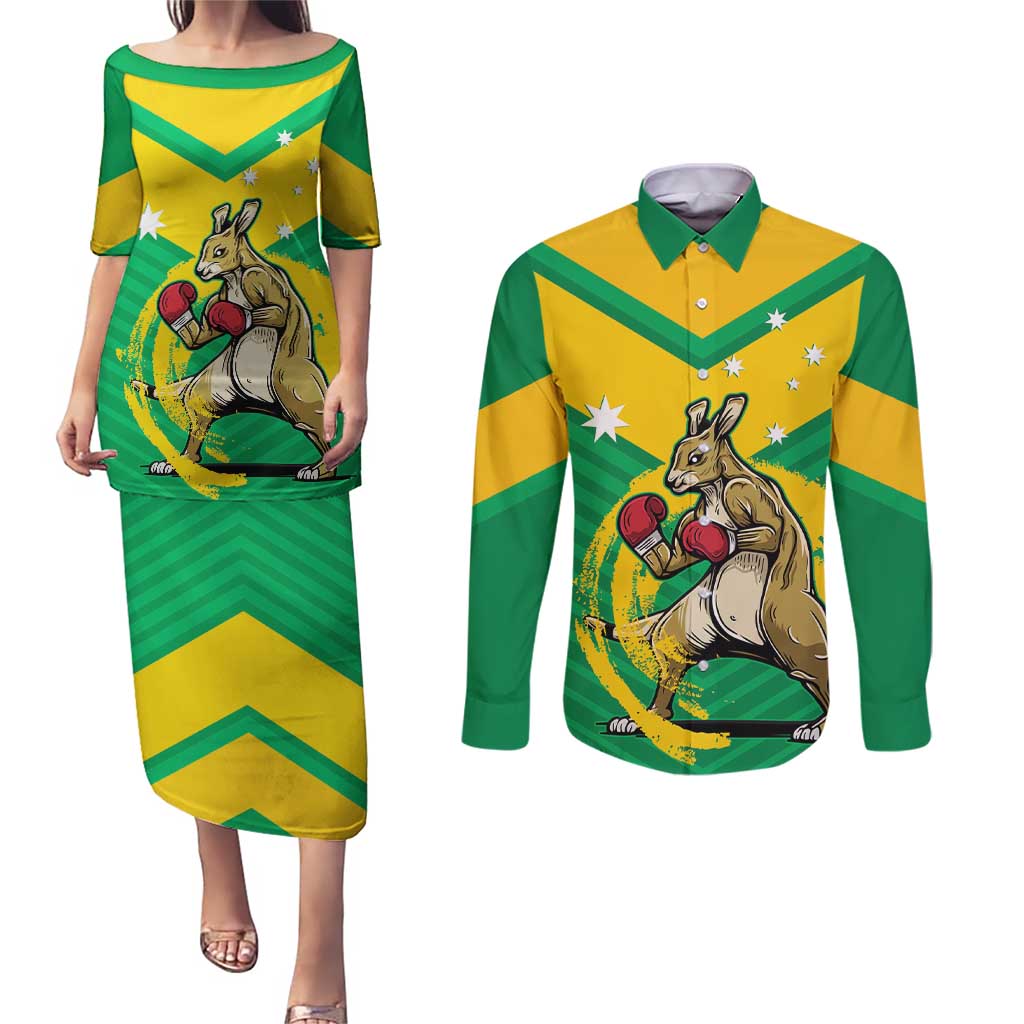 Personalised Australia Boxing Kangaroo Couples Matching Puletasi and Long Sleeve Button Shirt Aussie Pride National Color