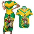 Personalised Australia Boxing Kangaroo Couples Matching Short Sleeve Bodycon Dress and Hawaiian Shirt Aussie Pride National Color