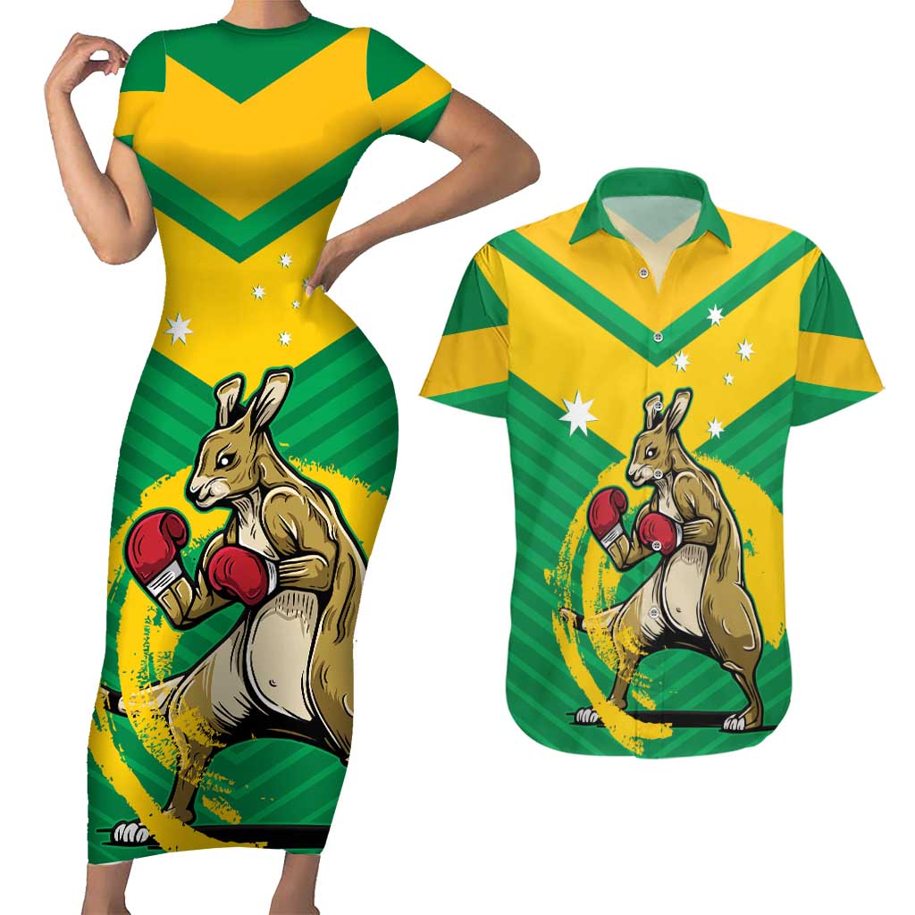 Personalised Australia Boxing Kangaroo Couples Matching Short Sleeve Bodycon Dress and Hawaiian Shirt Aussie Pride National Color