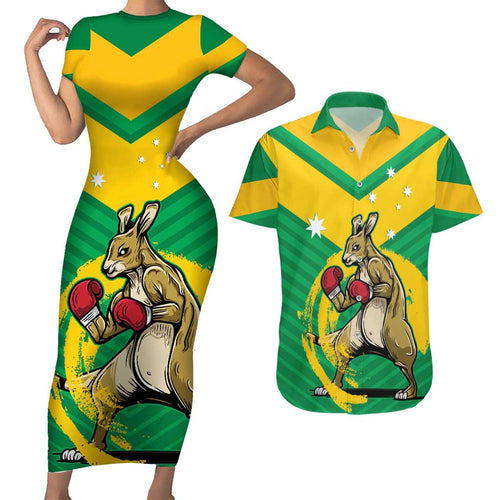 Personalised Australia Boxing Kangaroo Couples Matching Short Sleeve Bodycon Dress and Hawaiian Shirt Aussie Pride National Color