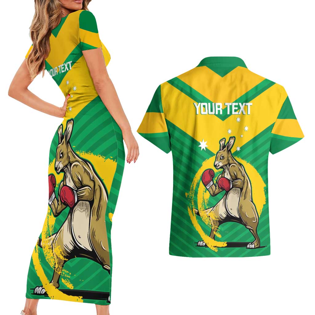 Personalised Australia Boxing Kangaroo Couples Matching Short Sleeve Bodycon Dress and Hawaiian Shirt Aussie Pride National Color