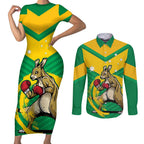 Personalised Australia Boxing Kangaroo Couples Matching Short Sleeve Bodycon Dress and Long Sleeve Button Shirt Aussie Pride National Color