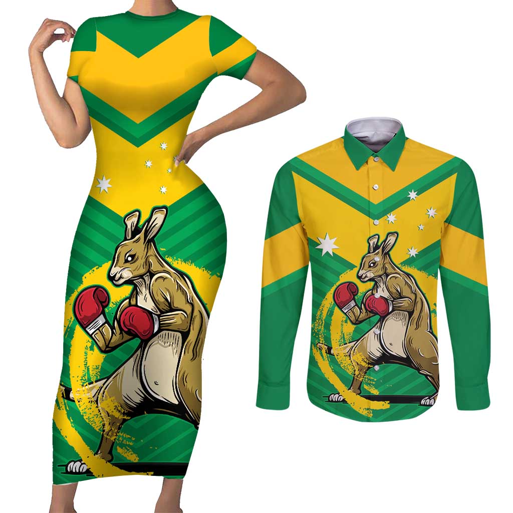 Personalised Australia Boxing Kangaroo Couples Matching Short Sleeve Bodycon Dress and Long Sleeve Button Shirt Aussie Pride National Color