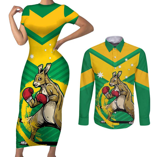 Personalised Australia Boxing Kangaroo Couples Matching Short Sleeve Bodycon Dress and Long Sleeve Button Shirt Aussie Pride National Color