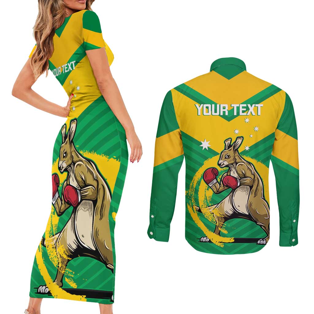 Personalised Australia Boxing Kangaroo Couples Matching Short Sleeve Bodycon Dress and Long Sleeve Button Shirt Aussie Pride National Color