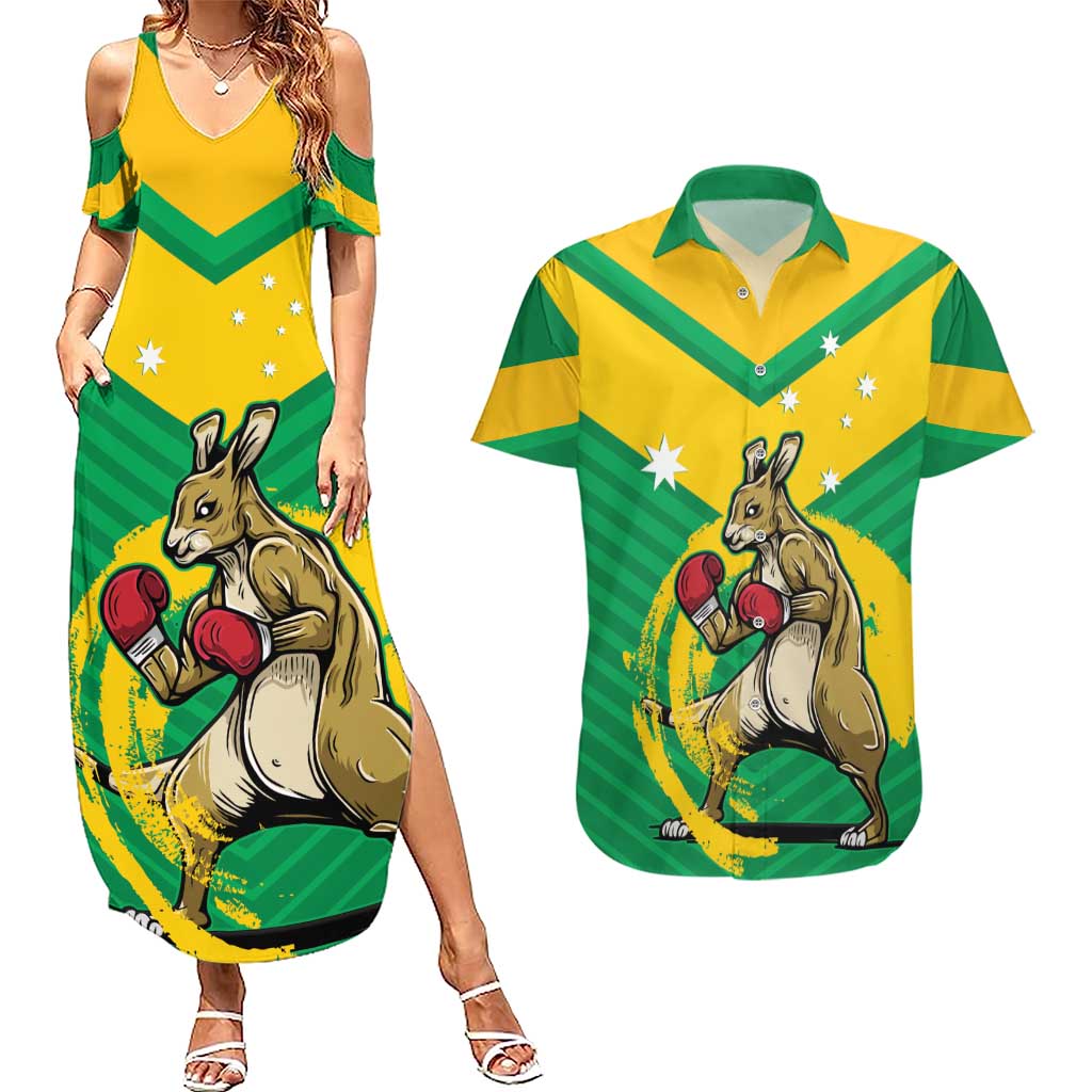 Personalised Australia Boxing Kangaroo Couples Matching Summer Maxi Dress and Hawaiian Shirt Aussie Pride National Color