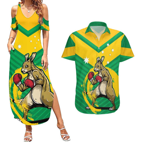 Personalised Australia Boxing Kangaroo Couples Matching Summer Maxi Dress and Hawaiian Shirt Aussie Pride National Color