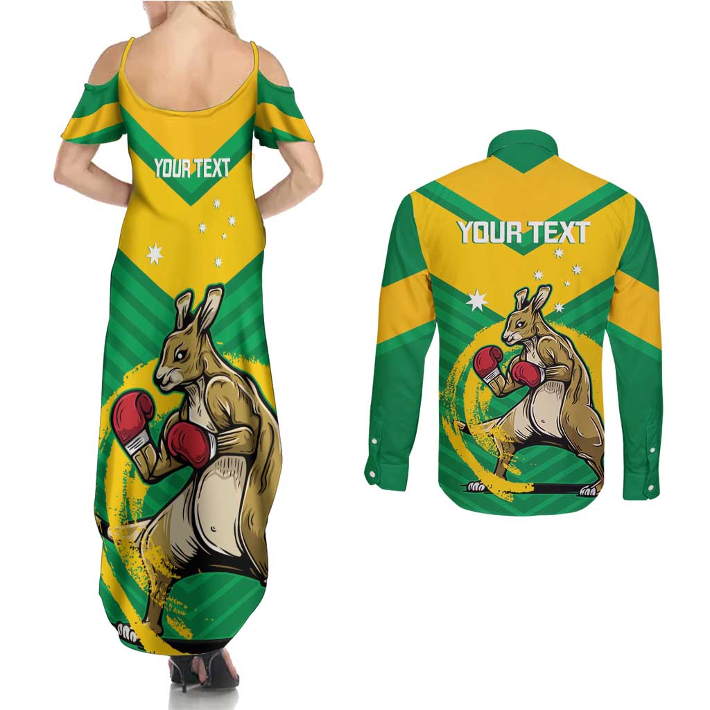 Personalised Australia Boxing Kangaroo Couples Matching Summer Maxi Dress and Long Sleeve Button Shirt Aussie Pride National Color