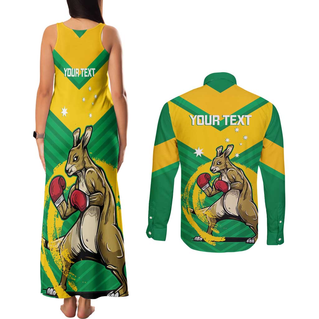 Personalised Australia Boxing Kangaroo Couples Matching Tank Maxi Dress and Long Sleeve Button Shirt Aussie Pride National Color