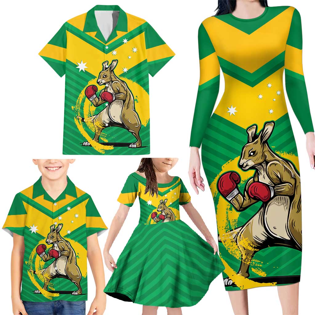 Personalised Australia Boxing Kangaroo Family Matching Long Sleeve Bodycon Dress and Hawaiian Shirt Aussie Pride National Color