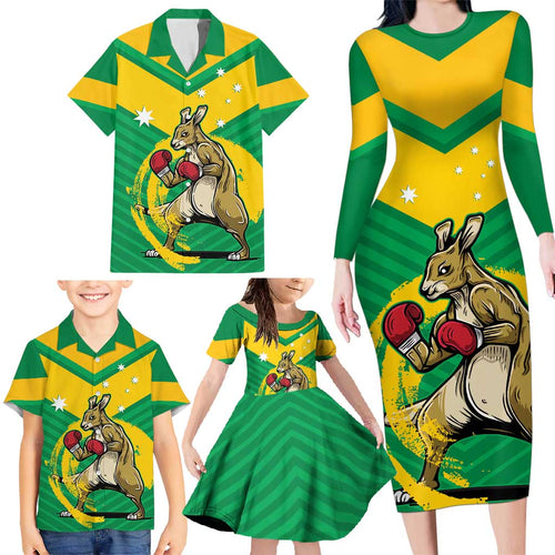 Personalised Australia Boxing Kangaroo Family Matching Long Sleeve Bodycon Dress and Hawaiian Shirt Aussie Pride National Color