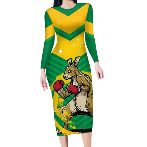 Personalised Australia Boxing Kangaroo Family Matching Long Sleeve Bodycon Dress and Hawaiian Shirt Aussie Pride National Color