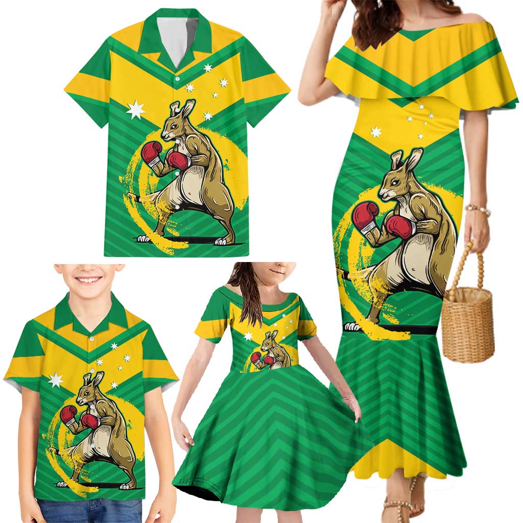 Personalised Australia Boxing Kangaroo Family Matching Mermaid Dress and Hawaiian Shirt Aussie Pride National Color