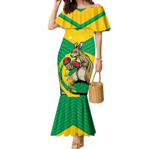 Personalised Australia Boxing Kangaroo Family Matching Mermaid Dress and Hawaiian Shirt Aussie Pride National Color