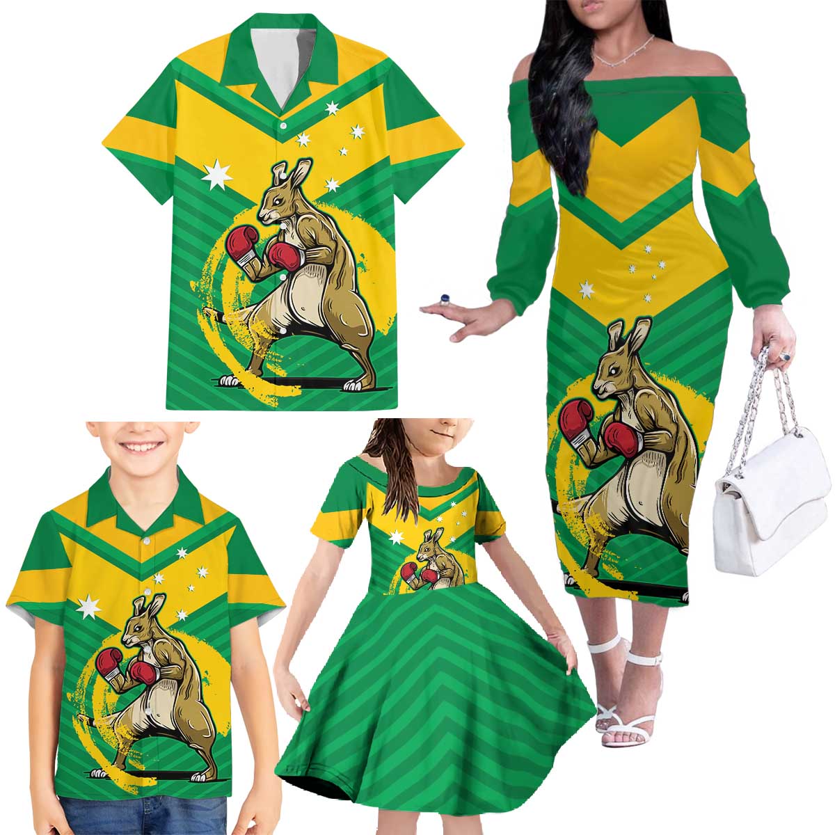 Personalised Australia Boxing Kangaroo Family Matching Off The Shoulder Long Sleeve Dress and Hawaiian Shirt Aussie Pride National Color