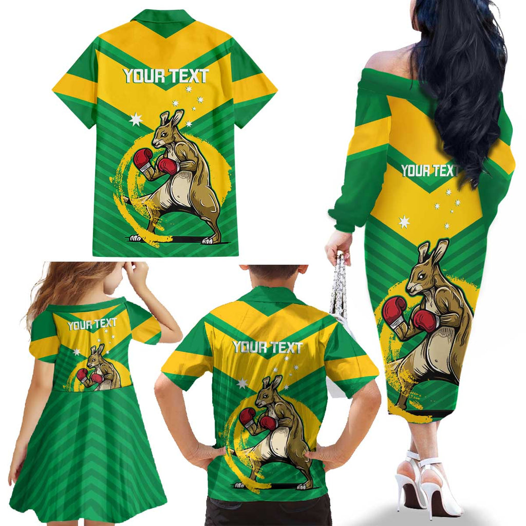 Personalised Australia Boxing Kangaroo Family Matching Off The Shoulder Long Sleeve Dress and Hawaiian Shirt Aussie Pride National Color