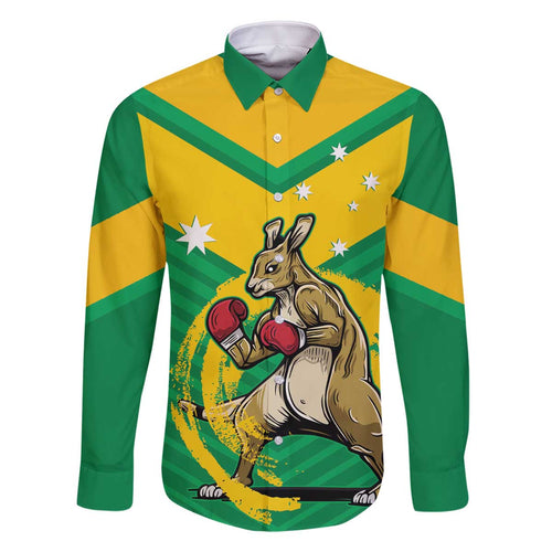 Personalised Australia Boxing Kangaroo Family Matching Off The Shoulder Long Sleeve Dress and Hawaiian Shirt Aussie Pride National Color