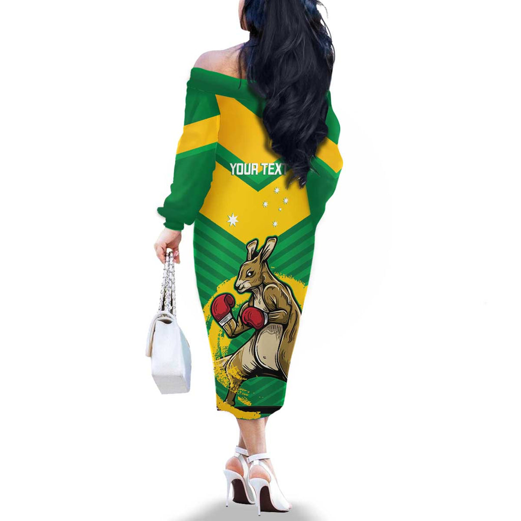 Personalised Australia Boxing Kangaroo Family Matching Off The Shoulder Long Sleeve Dress and Hawaiian Shirt Aussie Pride National Color