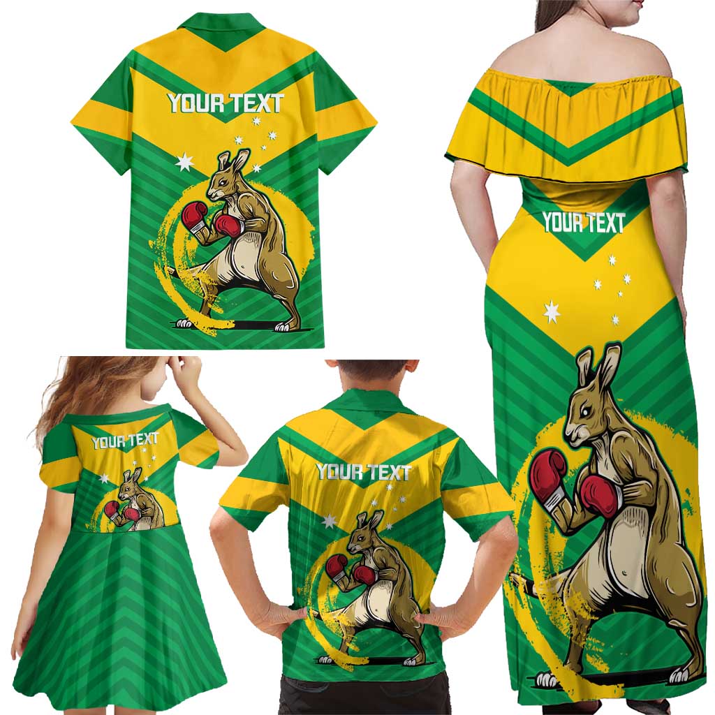 Personalised Australia Boxing Kangaroo Family Matching Off Shoulder Maxi Dress and Hawaiian Shirt Aussie Pride National Color