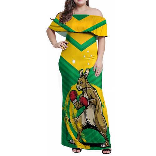 Personalised Australia Boxing Kangaroo Family Matching Off Shoulder Maxi Dress and Hawaiian Shirt Aussie Pride National Color