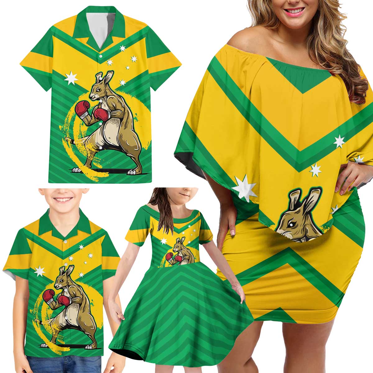 Personalised Australia Boxing Kangaroo Family Matching Off Shoulder Short Dress and Hawaiian Shirt Aussie Pride National Color