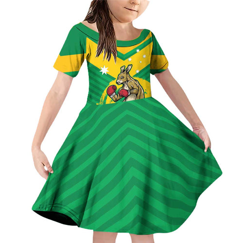 Personalised Australia Boxing Kangaroo Family Matching Off Shoulder Short Dress and Hawaiian Shirt Aussie Pride National Color