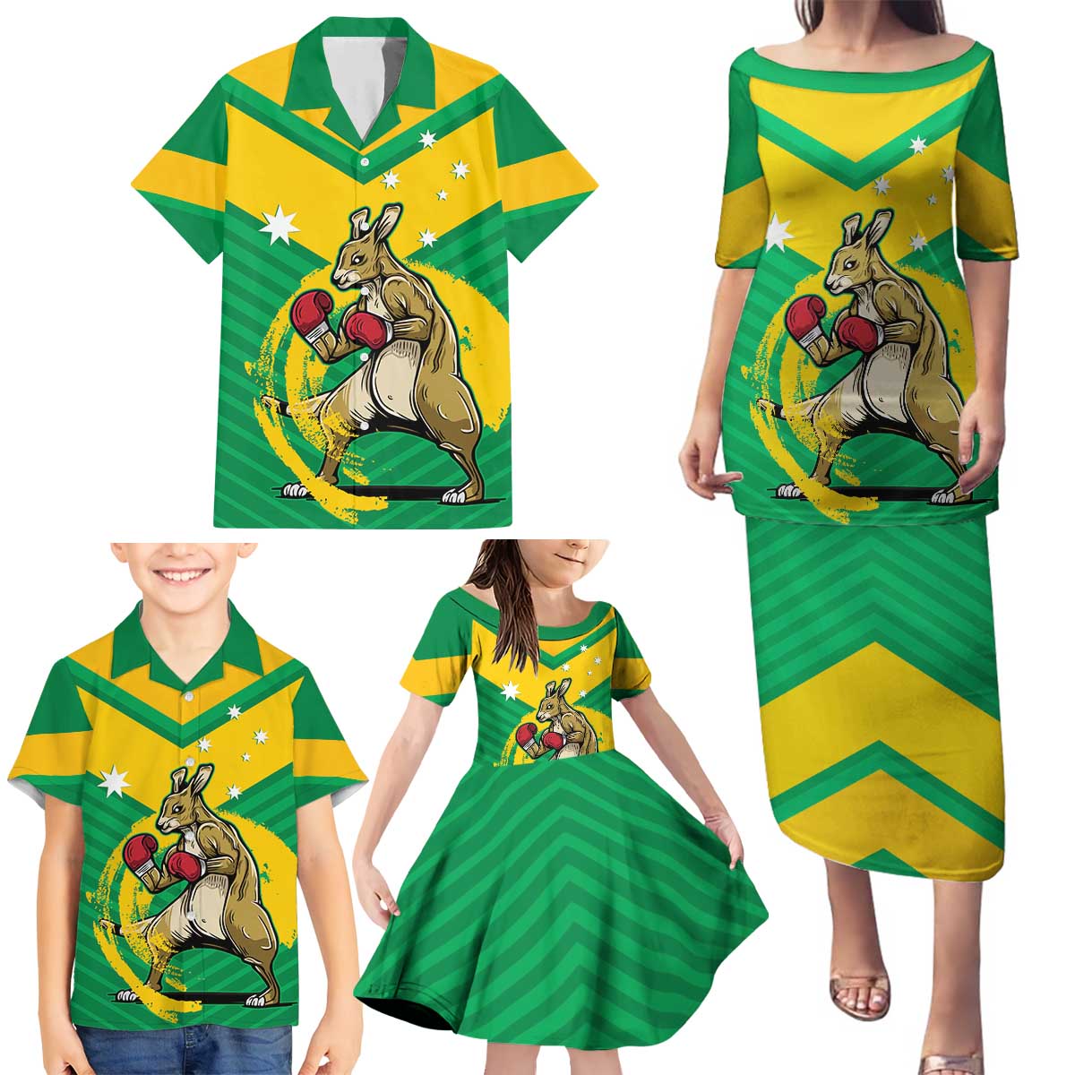 Personalised Australia Boxing Kangaroo Family Matching Puletasi and Hawaiian Shirt Aussie Pride National Color