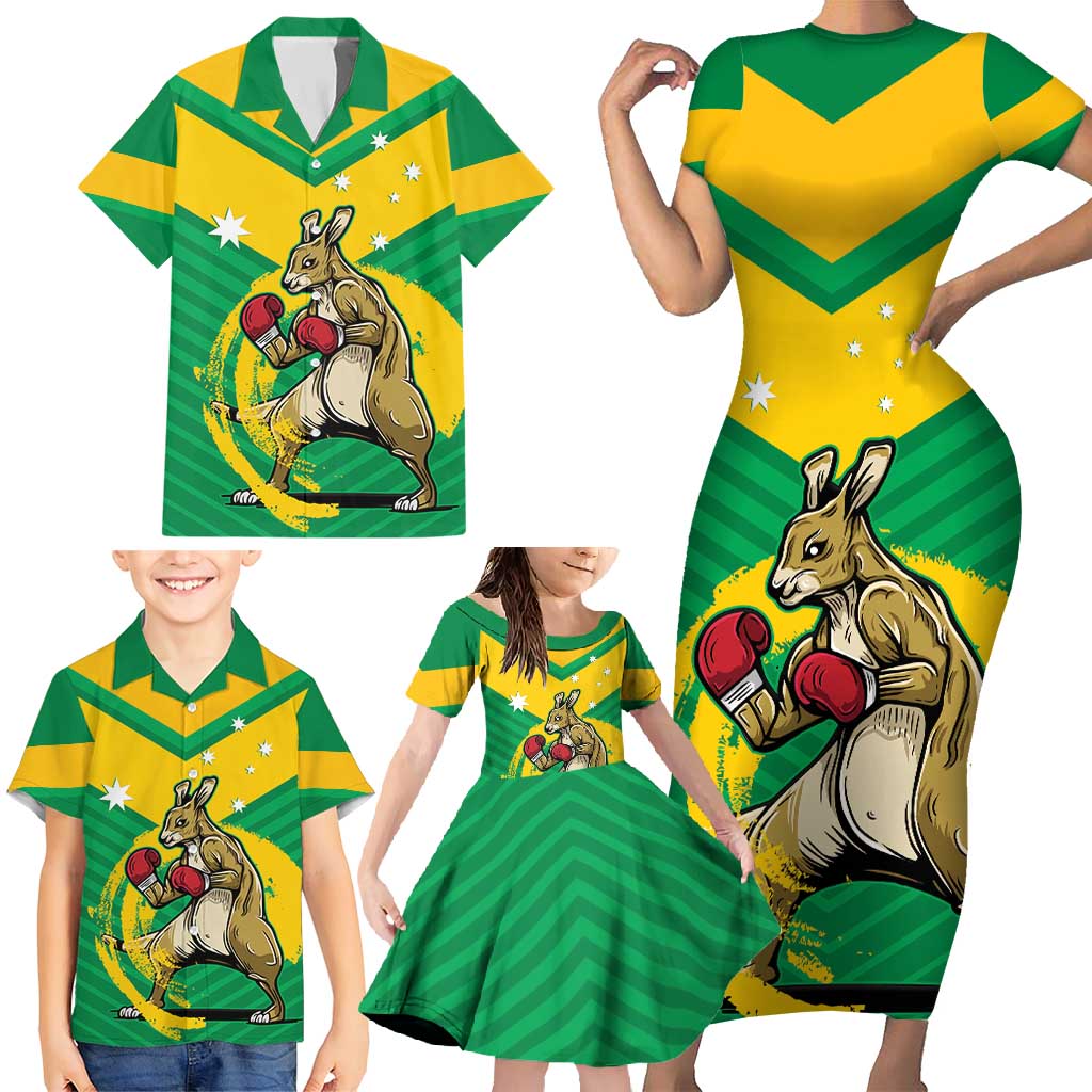 Personalised Australia Boxing Kangaroo Family Matching Short Sleeve Bodycon Dress and Hawaiian Shirt Aussie Pride National Color