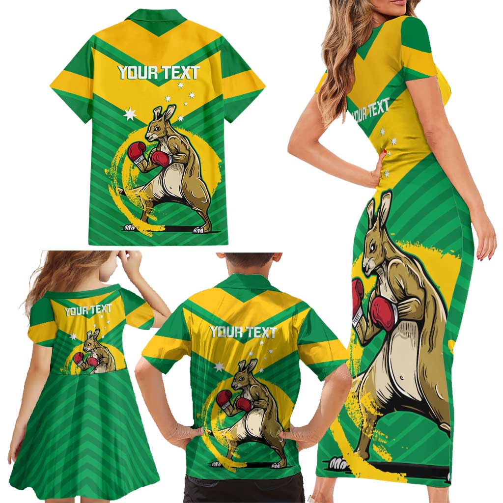 Personalised Australia Boxing Kangaroo Family Matching Short Sleeve Bodycon Dress and Hawaiian Shirt Aussie Pride National Color