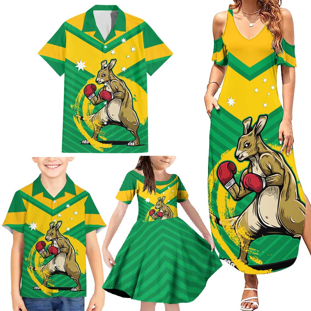 Personalised Australia Boxing Kangaroo Family Matching Summer Maxi Dress and Hawaiian Shirt Aussie Pride National Color