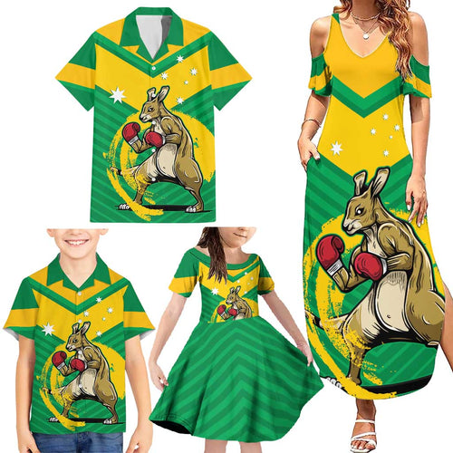 Personalised Australia Boxing Kangaroo Family Matching Summer Maxi Dress and Hawaiian Shirt Aussie Pride National Color