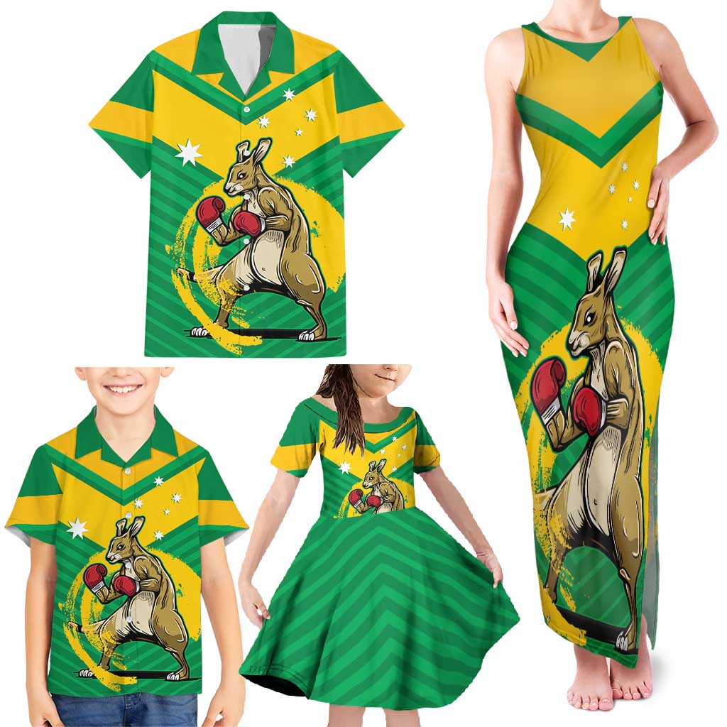 Personalised Australia Boxing Kangaroo Family Matching Tank Maxi Dress and Hawaiian Shirt Aussie Pride National Color